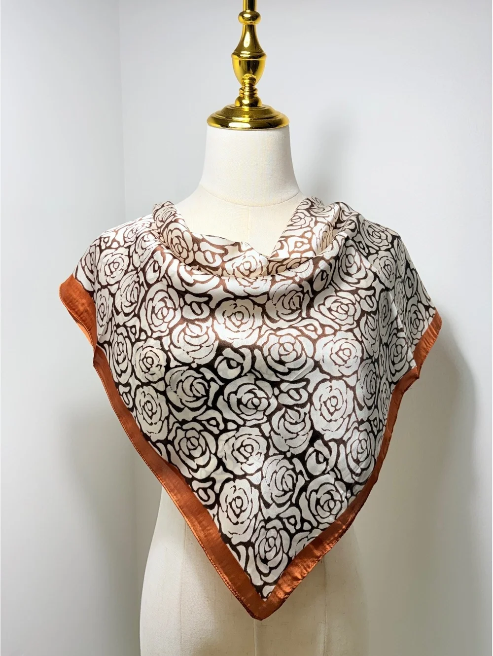Vintage Floral Patterned Scarf with Rust Orange Border